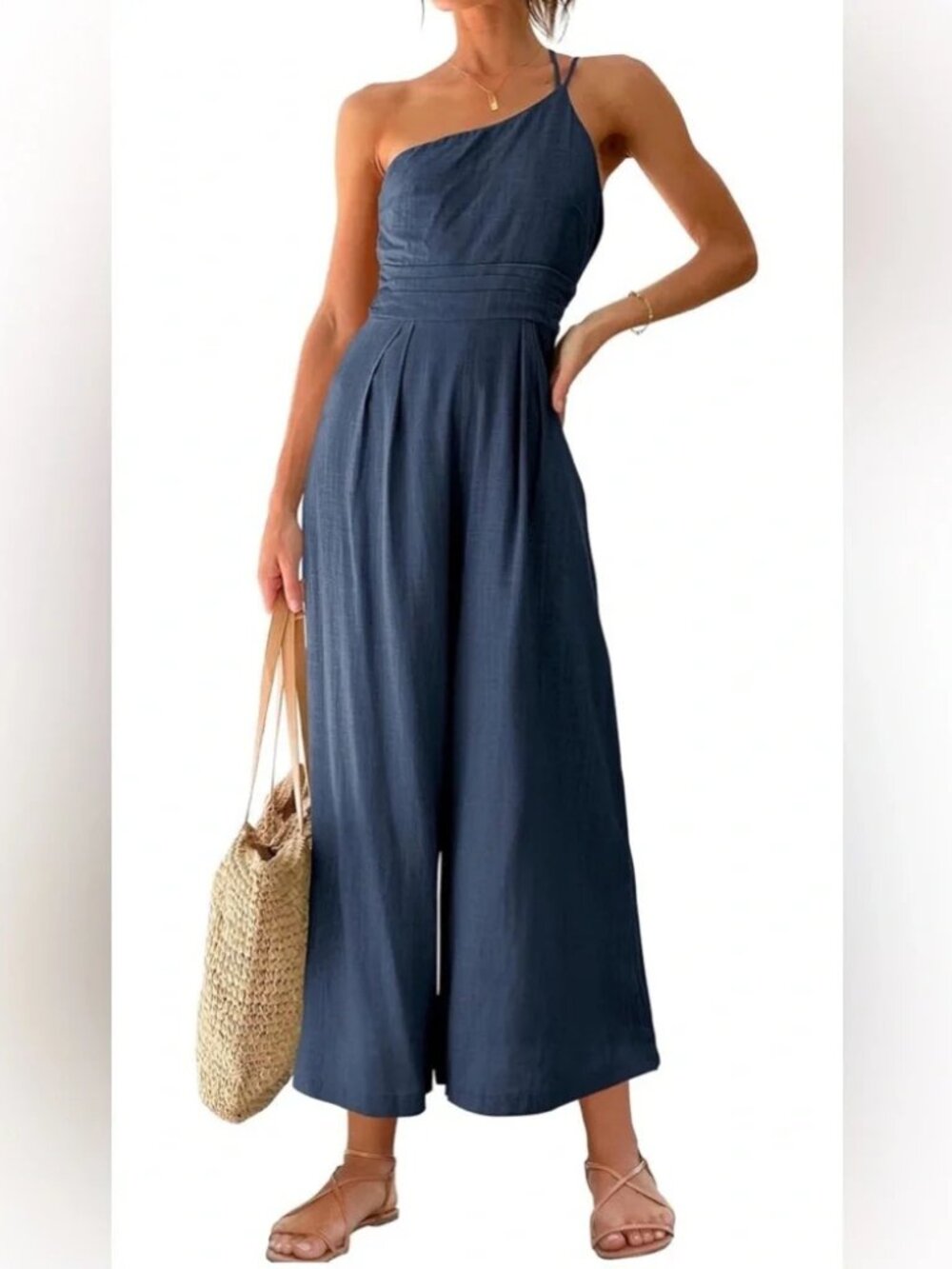 Anrabess One Shoulder High Waist Casual Wide Leg Linen Jumpsuit Size S